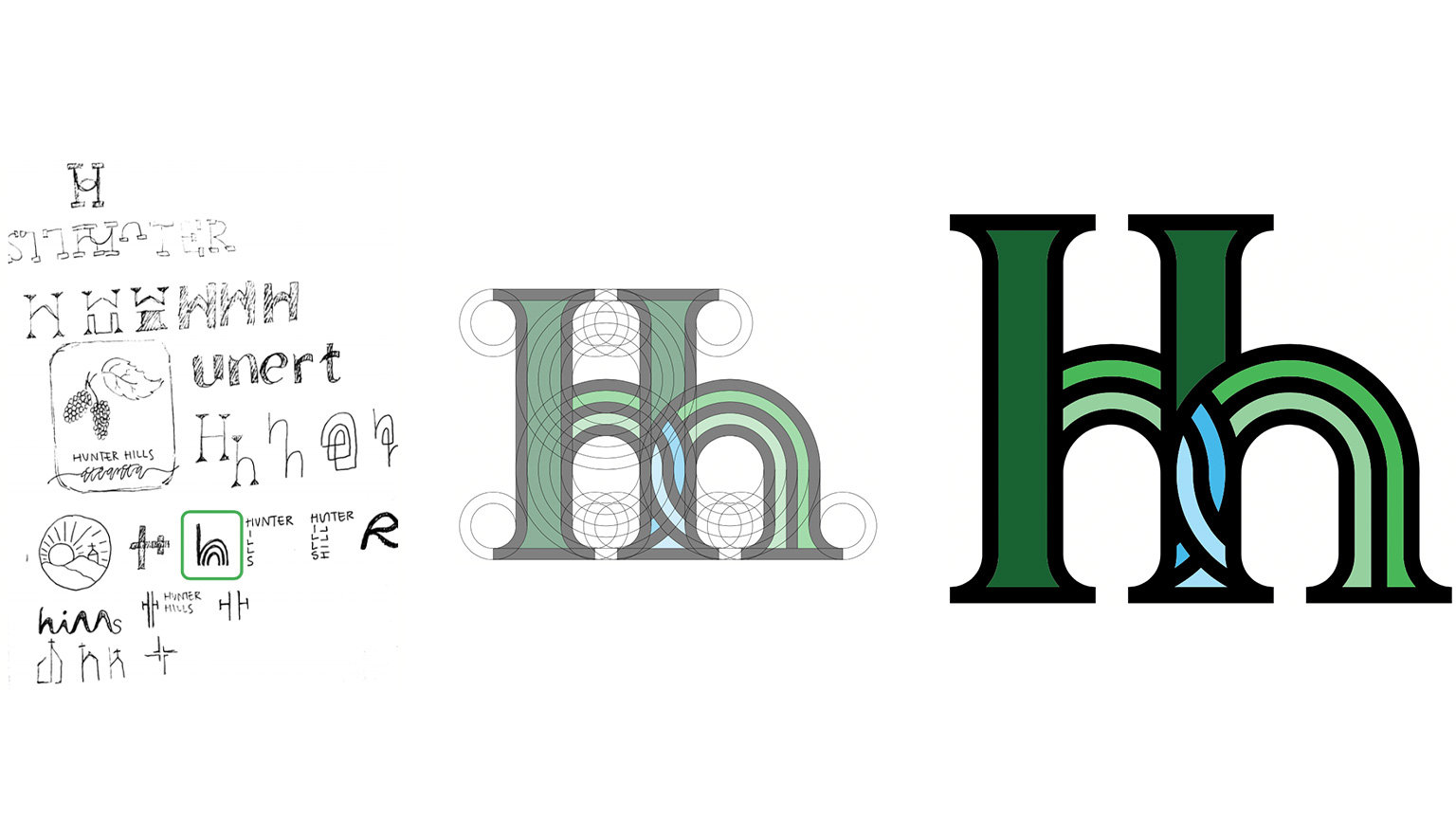 Logo design progression from brainstorm to completion